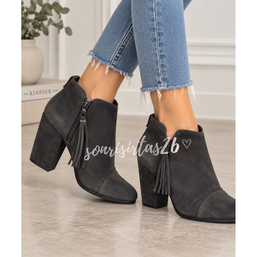 Rag & Bone Margot Ankle Booties Asphalt Grey Suede Fringe Block Heel Boho Casual